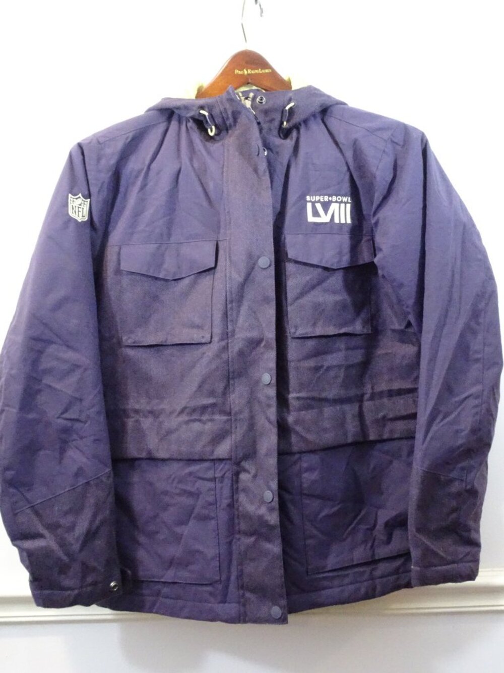 Super Bowl LVIII Las Vegas 2024 Purple Jacket Coat Hooded Size M Herringbone